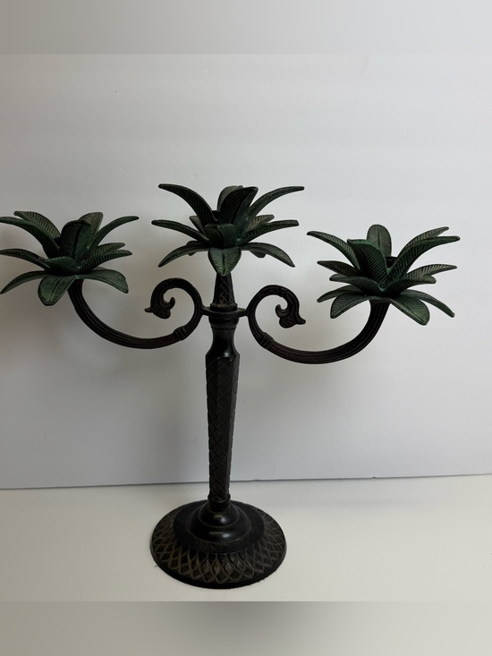 Other - Decorative Candelabra 3 Arm Palm Leaf Design 12" Heavy Candle Holder Vintage
